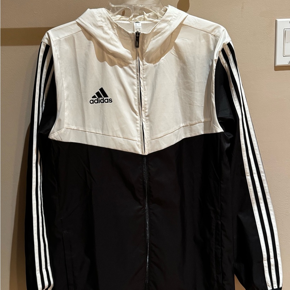 Adidas Black and White Raincoat with Classic Stripes